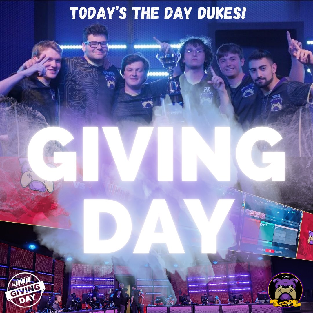 ITS GIVING DAY! Tune in starting at 1PM to twitch.tv/jmuesports to catch all the fun we have in store! Please consider donating today to help support our Dukes in their current and future endeavors! GO DUKES! #jmugivingday