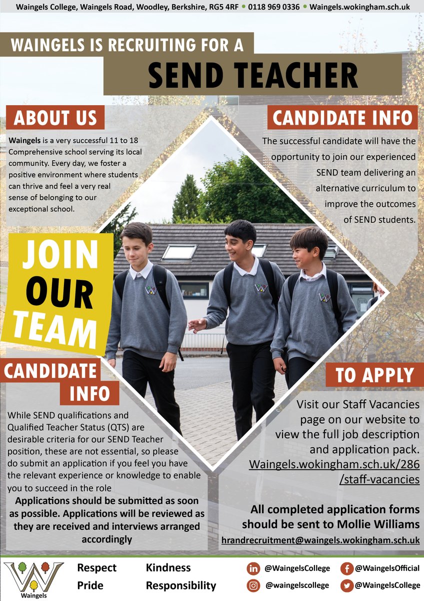 We are recruiting for a SEND teacher

✅MPS/UPS + SEN 1 Allowance
✅Full or Part Time Considered
✅September 2025 start

Closing date: Wednesday 19th March. For more information and details of how to apply, please see our website waingels.wokingham.sch.uk/7282/staff-vac…

Please share