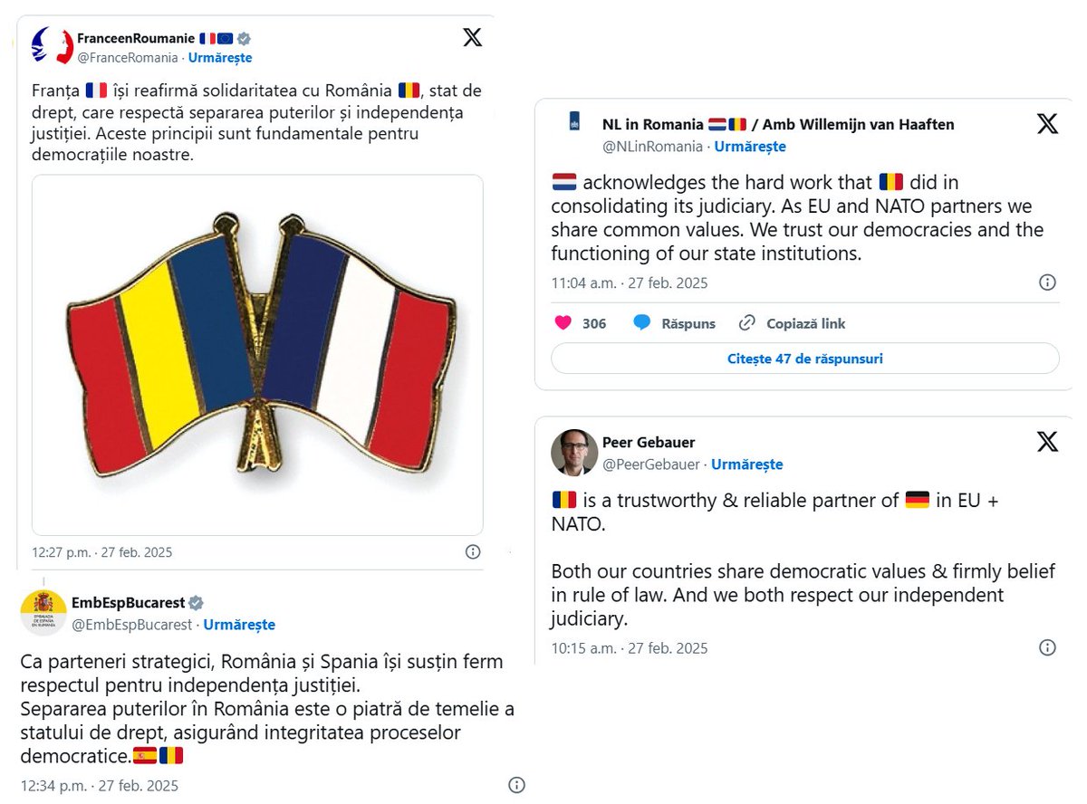 Ambasadele Franţei, Spaniei, Germaniei şi Olandei la Bucureşti au transmis joi mesaje de încredere și sprijin pentru România, după punerea sub control judiciar a lui Călin Georgescu.

Mesajele:
<a href="/FranceRomania/">FranceenRoumanie 🇫🇷🇪🇺</a>: "Franța 🇫🇷 își reafirmă solidaritatea cu România 📷, stat de drept,