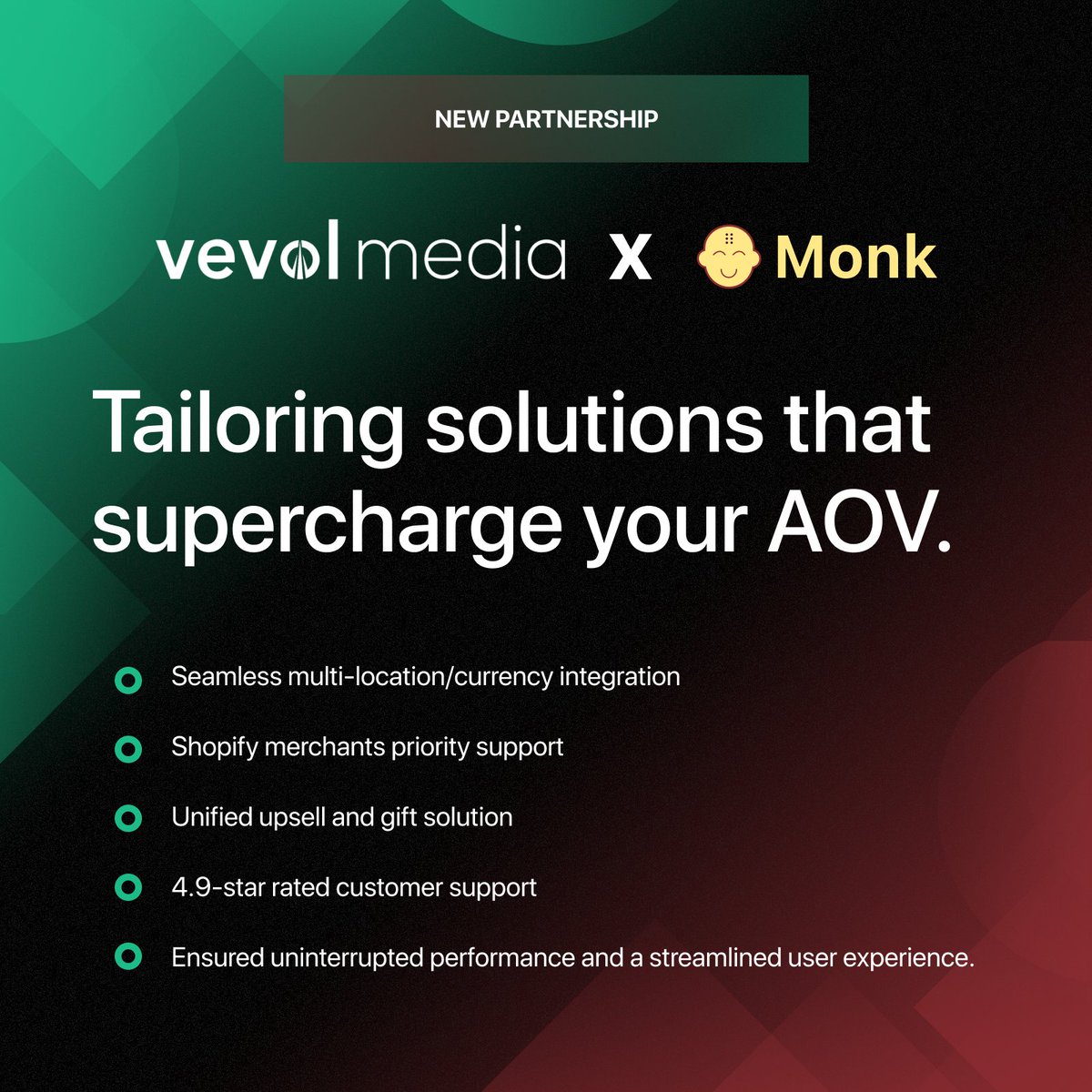 📢Hold up- I’ve got news!

Monk is partnering with Vevol Media for an elevated Shopify experience- enhanced AOV with expert development!

Vevol Media, a top-rated Shopify Partner agency based in Europe has been rocking custom Shopify solutions since 2018, delivering successful