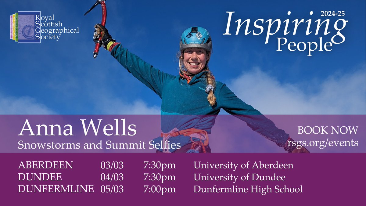 Next week, join mountaineer Anna Wells for her talks in Aberdeen, Dundee and Dunfermline, as she recounts the highs and lows of her epic journey to become the first woman and fourth person to complete all 282 Munros in a single winter season!
Book now: rsgs.org/events