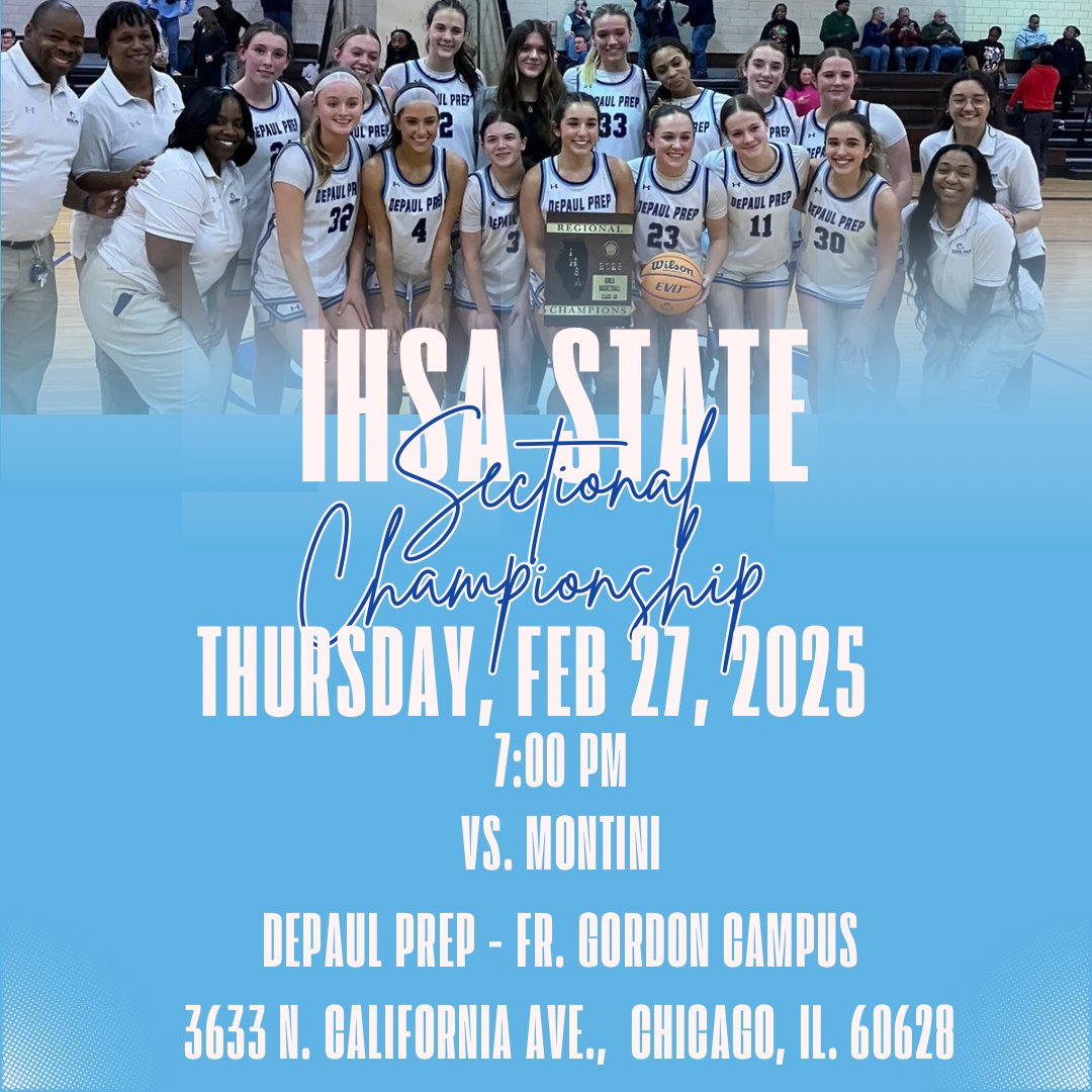 DePaulPrepWBB's tweet image. One more game closer! Come out and cheer us on as we look to win the sectional championship tonight!!💙💙