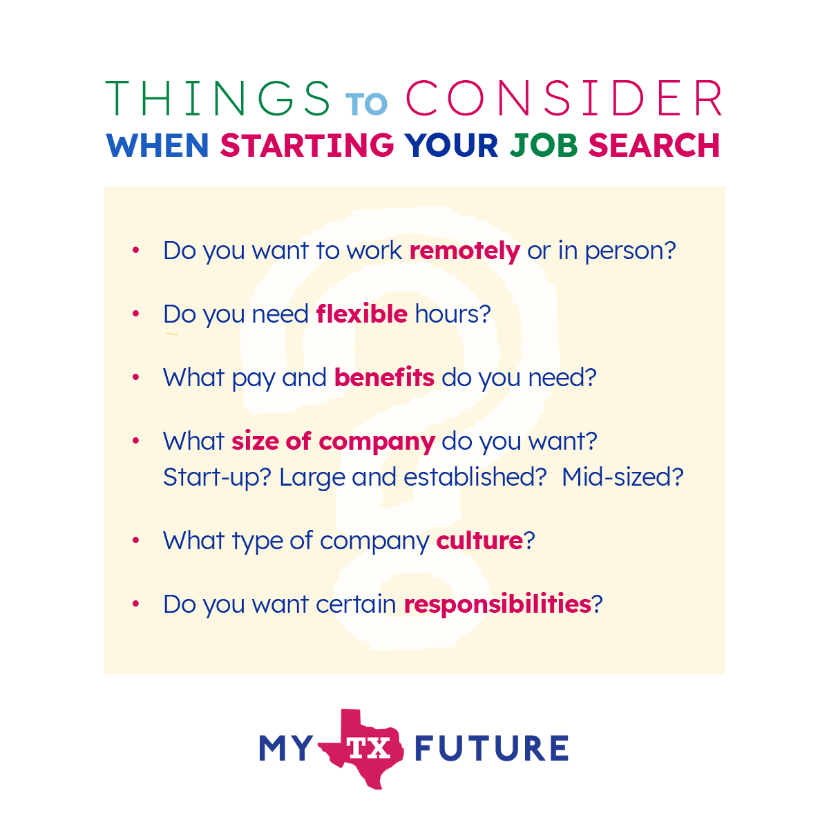 Reflecting on these questions can help you navigate your job search with intention, leading to choices that align with your true self and professional goals!🤝 Read more about job searching: mytexasfuture.pulse.ly/jtqrulq6nv