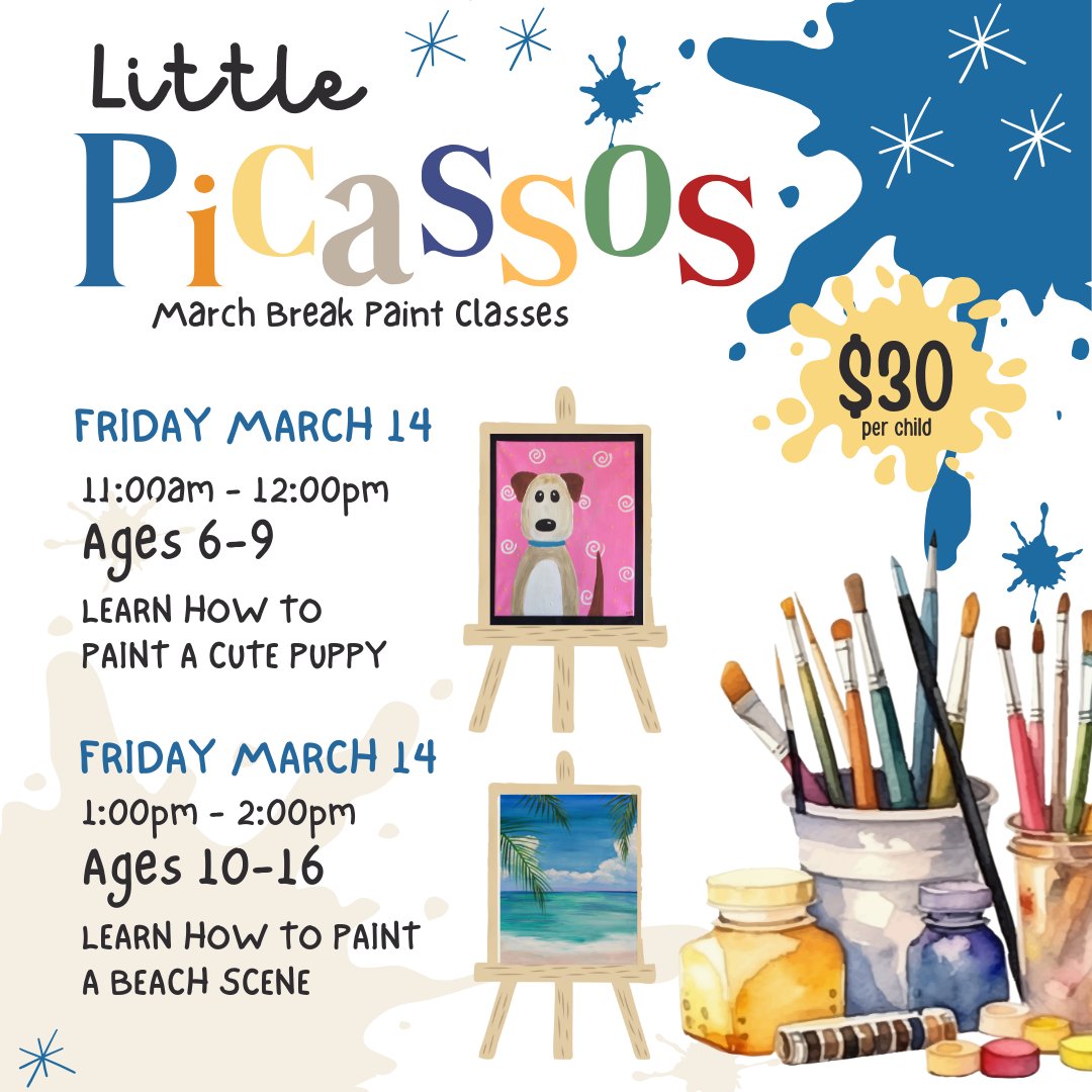 MulmurTownship's tweet image. 🎨🧁 March Break Fun in Mulmur!

👩‍🍳 Cupcake Camp (Ages 7+) – Mar 12, 1-3 PM | $25
🎨 Little Picasso (Ages 6-9) – Mar 14, 11 AM-12 PM
🏖️ Beach Paint Class (Ages 10-16) – Mar 14, 1-2 PM | $30
Register now! 👉 conta.cc/4bdtWlk
#MarchBreakFun #KidsWorkshops #Mulmur