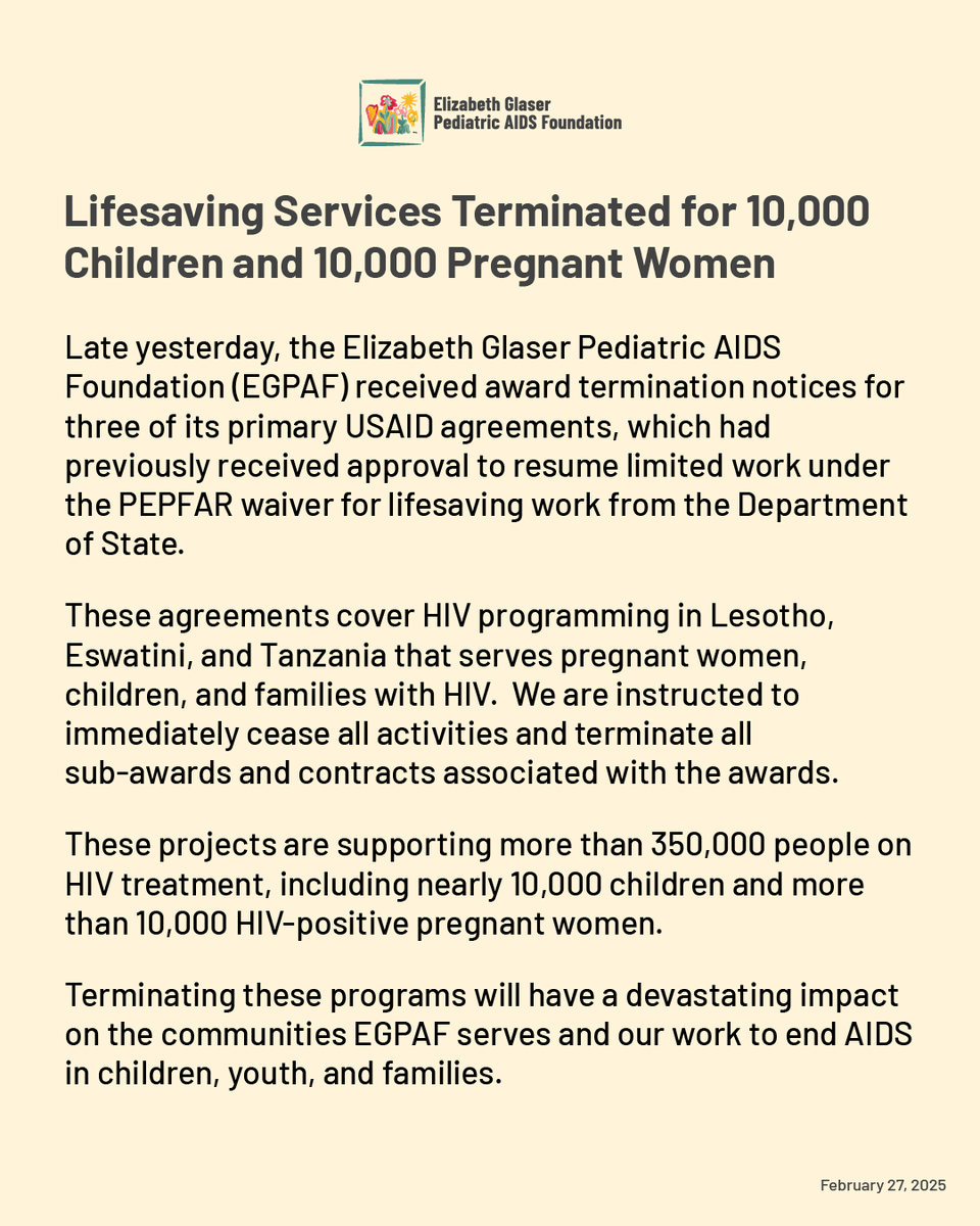 Late yesterday, we received award termination notices for three of our primary USAID agreements. 

Read our full statement. pedaids.org/press-release/…