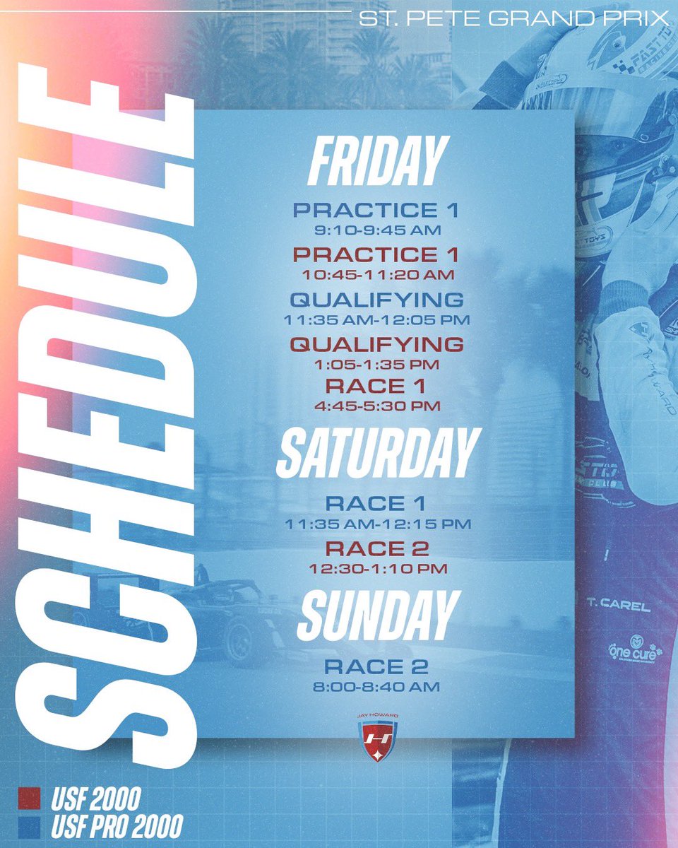 Here's when you can catch the #JHDD crew on track this weekend!

#FollowJHDD / #USFPro / #USFPro2000 / #USF2000 / @usfprochamps