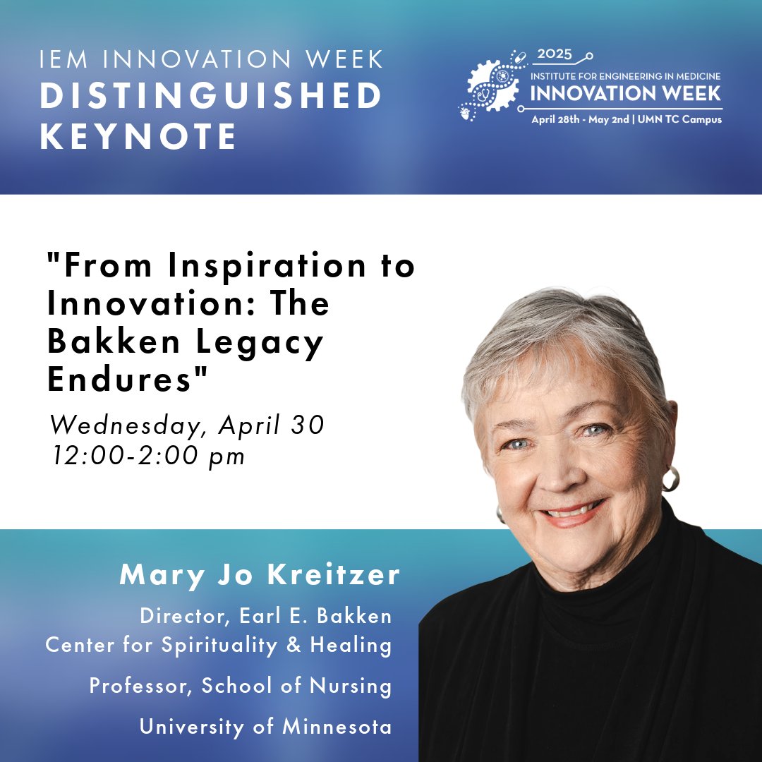 UMN Institute for Engineering in Medicine (@umniem) on Twitter photo Dr. Mary Jo Kreitzer, founder and director <a href="/UMNCSH/">Earl E. Bakken Center for Spirituality & Healing</a> , is 2025 IEM Innovation Week Keynote speaker ✨ Learn more here: dmd.umn.edu/2025/iem-keyno…
#IEMInnovationWeek2025 #UMNIEM | <a href="/UMNDMD/">DMD Conference</a> | #UMNProud Dr. Mary Jo Kreitzer, founder and director <a href="/UMNCSH/">Earl E. Bakken Center for Spirituality & Healing</a> , is 2025 IEM Innovation Week Keynote speaker ✨ Learn more here: dmd.umn.edu/2025/iem-keyno…
#IEMInnovationWeek2025 #UMNIEM | <a href="/UMNDMD/">DMD Conference</a> | #UMNProud
