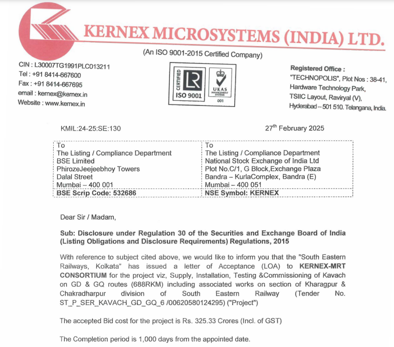 FromRag2riches's tweet photo. 🚨KERNEX MICROSYSTEMS
"South Eastern Railways, Kolkata" issued LOA for SITC of Kavach on GO &amp; GO routes (688RKM) including associated works on section of South Eastern Railway

💰Rs. 325.33 Crores

⏰Time period:1,000 Days

#KAVACH
#KERNEX 
#RAILWAY 
#Sikandar
#StockMarketWatch https://t.co/E7d0fRjRYU