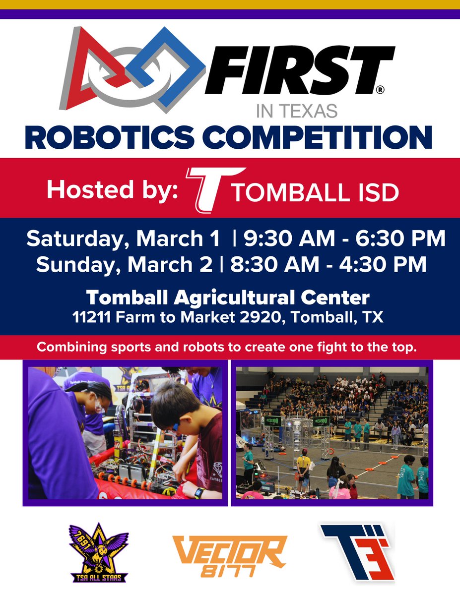 Tomball ISD is excited to host a FIRST in Texas Robotics Competition qualifying event at the Tomball Agricultural Center (11211 FM 2920, Tomball) on March 1-2. #DestinationExcellence

Join us this weekend &amp; support our talented robotics teams from <a href="/TISDTHS/">Tomball High School</a>,<a href="/TISDTMHS/">Tomball Memorial High School</a> &amp; <a href="/TISDTSA/">Tomball Star Academy</a>!