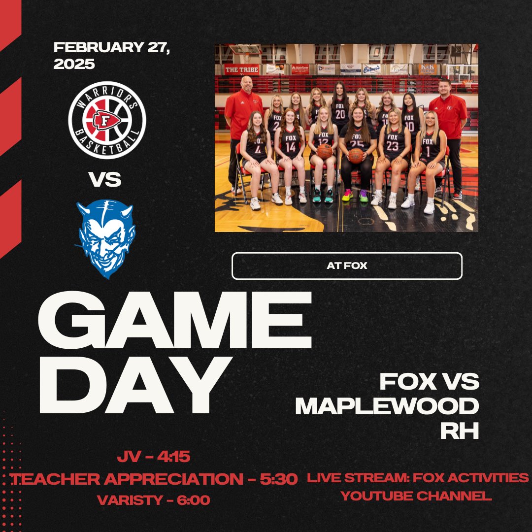 GAME DAY + TEACHER APPRECIATION NIGHT + LAST HOME GAME!

Lady Warriors vs Maplewood RH Blue Devils

JV - 4:15
Teacher Appreciation - 5:30
Varsity - 6:00 

#LadyWarriorsBasketball
<a href="/FoxHSActivities/">Fox High School Activities</a> <a href="/CoryRiley11/">Cory Riley</a> <a href="/GSV_STL/">Gateway Sports Venue</a> <a href="/STLhssports/">STLhighschoolsports</a>