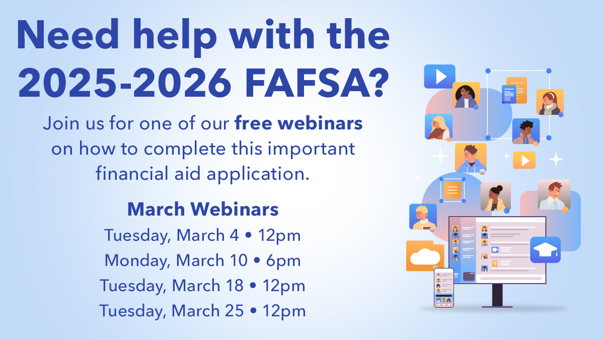 With March right around the corner, get ready for another round of free #FAFSA webinars! 

🗓️ Mark your calendar for one of our virtual financial aid sessions next month if you plan to attend college in the Fall: zoomgov.com/j/16191472863?…