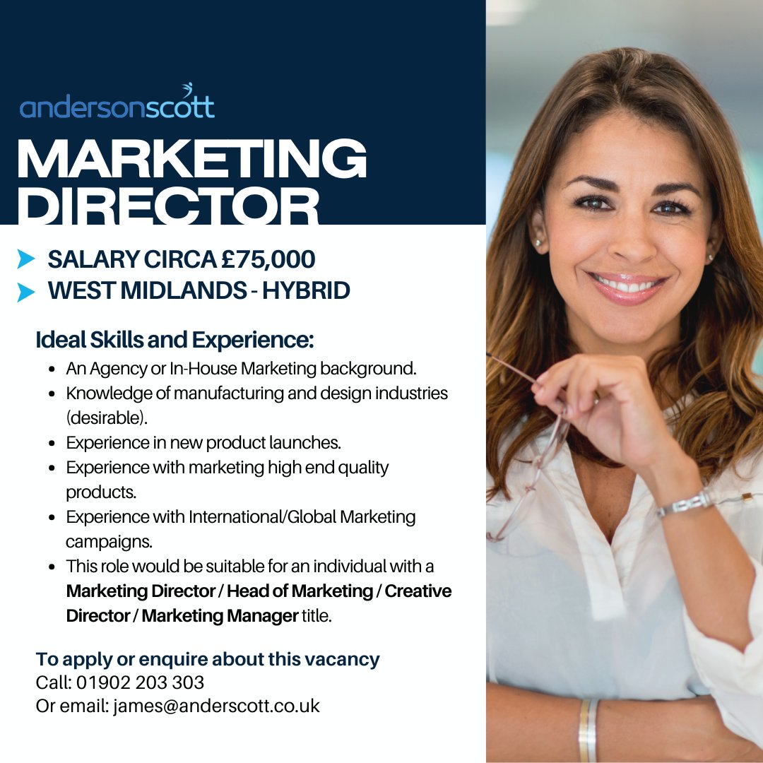 anderscott_sol's tweet image. 🌟Marketing Director – Vacancy 🌟

🔹 Salary, Circa £75,000 
🔹Location, West Midlands – Hybrid

If you would like more information about this vacancy and to apply for this role, please contact James Aust by calling 01902 203 303 or email james@anderscott.co.uk.