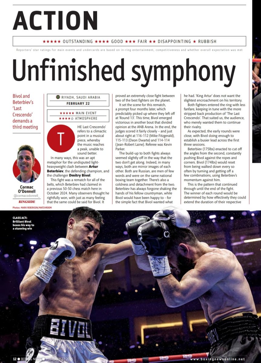 Cormac O' Donnell (@cormacodonnell_) on Twitter photo I'm delighted to have written the cover story for this week's <a href="/BoxingNewsED/">Boxing News</a> I provide a ringside report on every fight from the "Fightcard of the Century", including the #Undisputed Beterbiev/Bivol 2 ๐๐ฅ๐ธ๐ฆ
Get it in digital - or in print! ๐ shop.boxingnewsonline.net/boxing-news-maโฆ I'm delighted to have written the cover story for this week's <a href="/BoxingNewsED/">Boxing News</a> I provide a ringside report on every fight from the "Fightcard of the Century", including the #Undisputed Beterbiev/Bivol 2 ๐๐ฅ๐ธ๐ฆ
Get it in digital - or in print! ๐ shop.boxingnewsonline.net/boxing-news-maโฆ