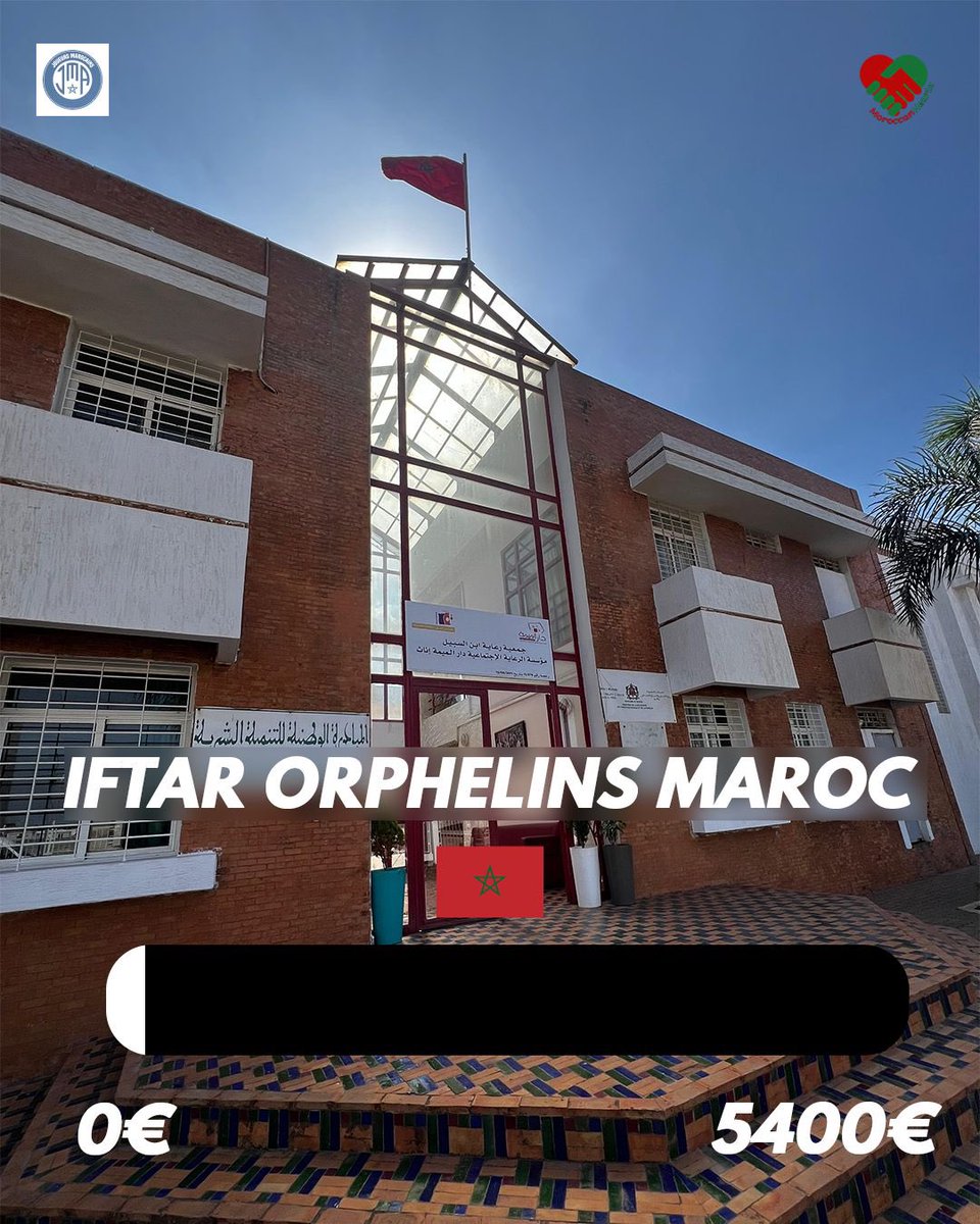 JMA Morocco 🇲🇦 (@jma_morocco) on Twitter photo 🚨 IFTAR À L’ORPHELINAT 🚨
Avec <a href="/MoroccanHearts/">Moroccan Hearts</a> nous lançons un projet pour financer les repas de rupture du jeûne pour 180 enfants de l’orphelinat “Dar Lmima” 🇲🇦
🥘 1 repas = 3 €
🎯 Objectif : 5 400 € (10 jours de repas)
Chaque don compte ! 🙏
cotizup.com/iftardarlmima 🚨 IFTAR À L’ORPHELINAT 🚨
Avec <a href="/MoroccanHearts/">Moroccan Hearts</a> nous lançons un projet pour financer les repas de rupture du jeûne pour 180 enfants de l’orphelinat “Dar Lmima” 🇲🇦
🥘 1 repas = 3 €
🎯 Objectif : 5 400 € (10 jours de repas)
Chaque don compte ! 🙏
cotizup.com/iftardarlmima