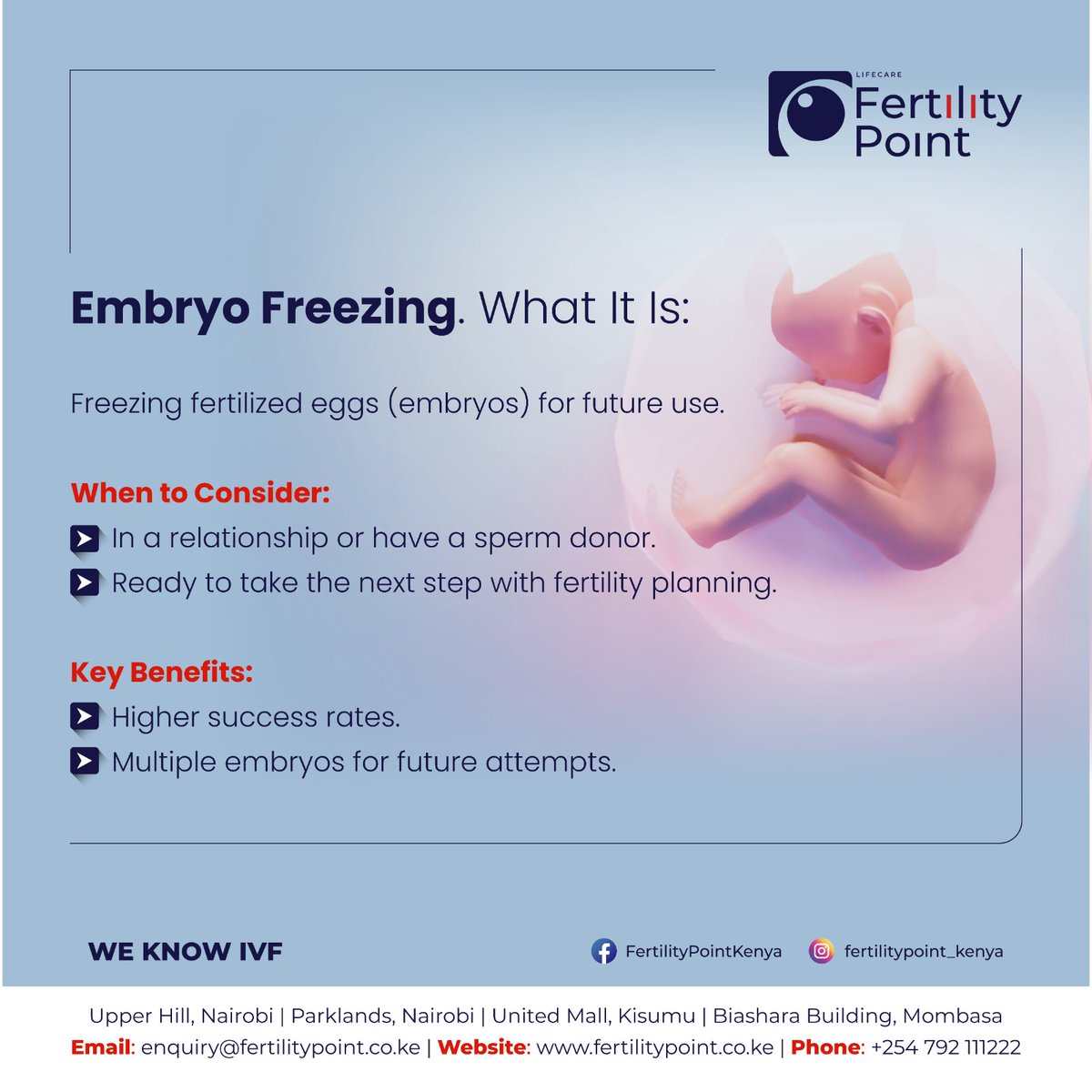 KenyaFertility's tweet image. Egg freezing keeps your options open. Embryo freezing secures a future step. Both help you take control of your reproductive journey!
Talk to our specialist to find the best fit for you
To book a consultation call +254792111222
  #IVF #eggfreezing #embryofreezing  #fypシviral