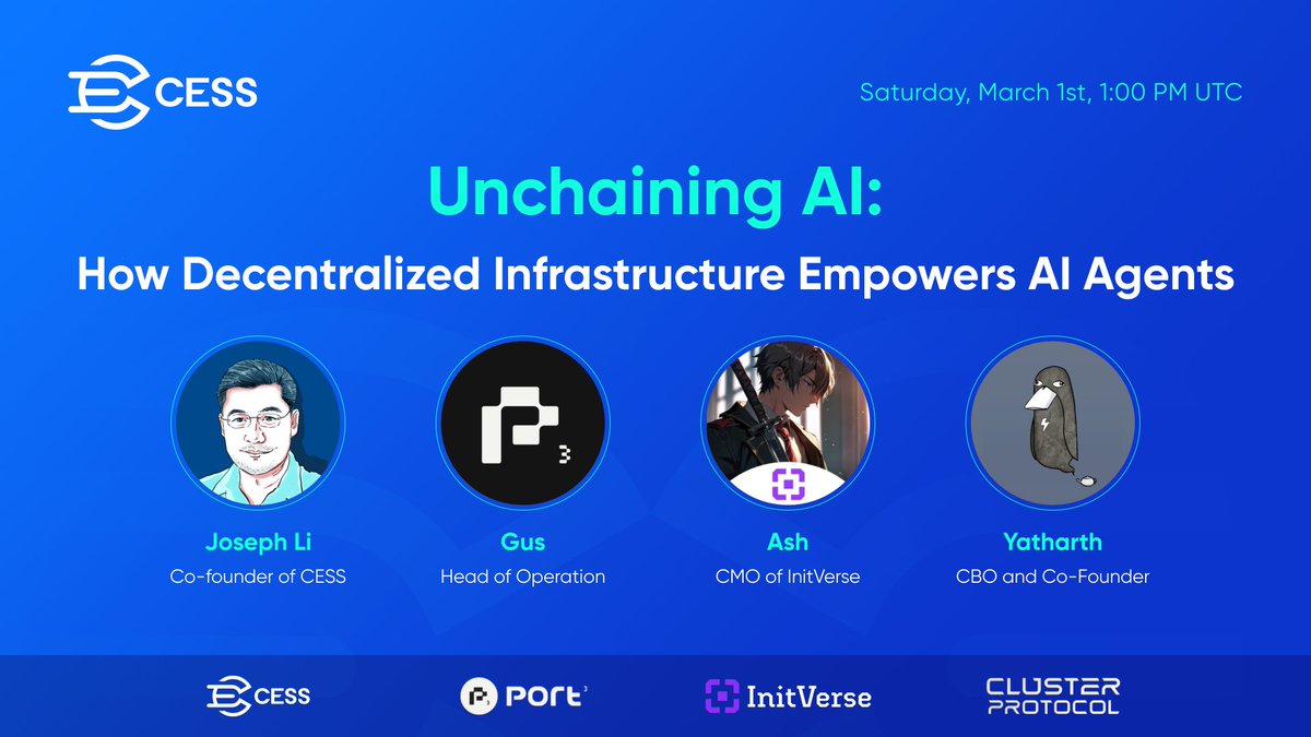 CESS_Storage's tweet image. Excited to announce our upcoming space! Join us for Unchaining #AI: How Decentralized Infrastructure Empowers #AIAgents on March 1st at 1:00 PM UTC! x.com/i/spaces/1lpkq…

Don’t miss discussions with #CESS co-founder Joseph Li, @Joe_CESS, and leaders from @Port3Network,…