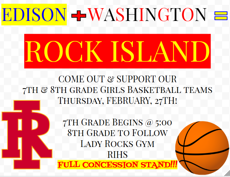 Tonight is the NIGHT!!!!!!  It's Edison vs. Washington in our annual Junior High Girls Basketball Crosstown Battle!!!  Come check out our future Rock Island Lady Rocks Players!!!!!!
7th Grade tip off at 5pm, 8th grade right after!!!!
Doors open at 4:15pm
#TW3📷📷📷📷📷📷