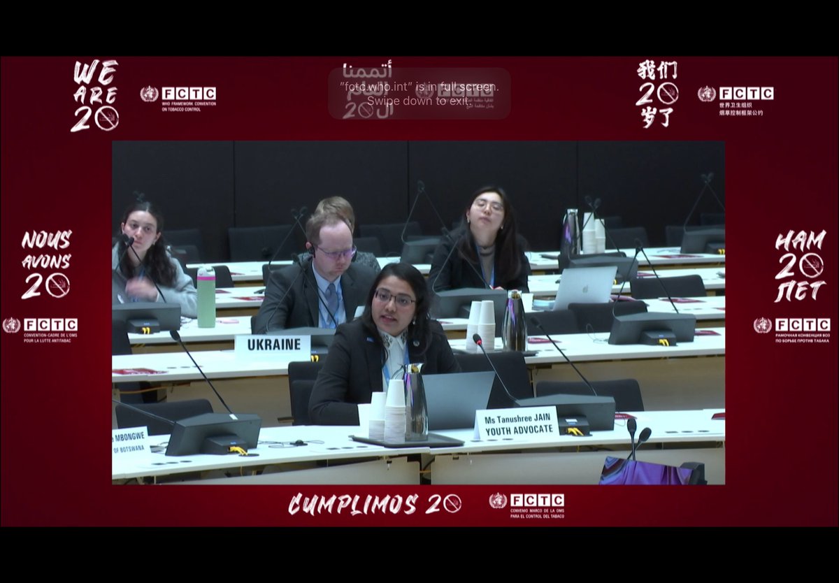 Good to hear from <a href="/tshreejain/">Tanushree Jain</a> on behalf of the next generation at the meeting on the #FCTC anniversary. 

Tobacco companies are exploiting LMICs, which is wholly unacceptable and they must be held responsible.