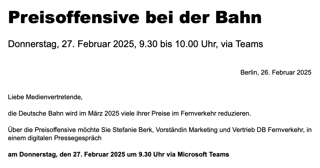 Kaum haben sie bei der Bahn Angst vor einer (dringend nötigen) Strukturreform, organisieren sie sinnlose Pressetermine wie diesen hier. Solange dafür Geld da ist, kann in dieser Konzernstruktur nicht genug gespart werden.