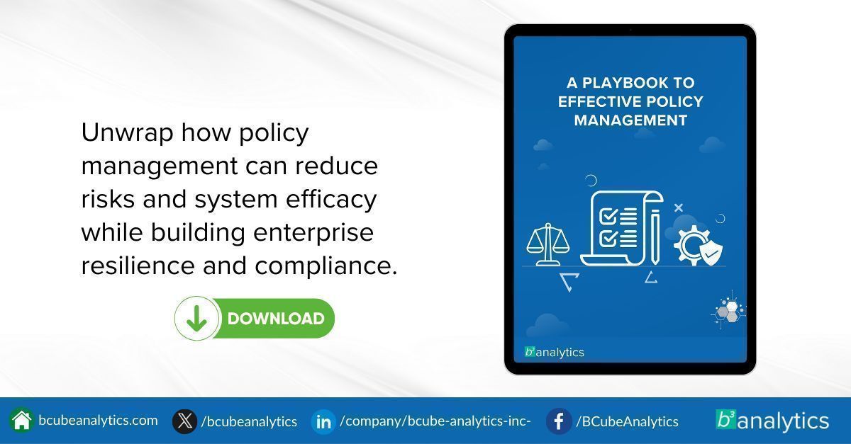 BCubeAnalytics's tweet image. White Paper: A Playbook to Effective Policy Management
This playbook explains how #policymanagement can reduce risks &amp;amp; system efficacy while building enterprise resilience &amp;amp; #compliance. Download the playbook at bit.ly/3Hw5ihs
#ComplianceManagement #RegulatoryCompliance