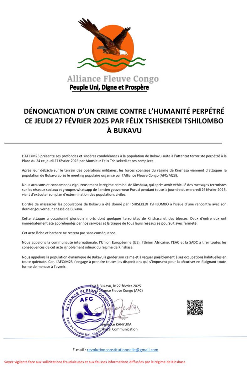 Bukavu endeuillée par un crime abject ! 

Ce 27 février 2025, Félix Tshisekedi et son régime ont perpétré un attentat terroriste contre la population. 

Après leur échec militaire, ils s’en prennent aux civils ! Nous dénonçons ce massacre et appelons la communauté internationale
