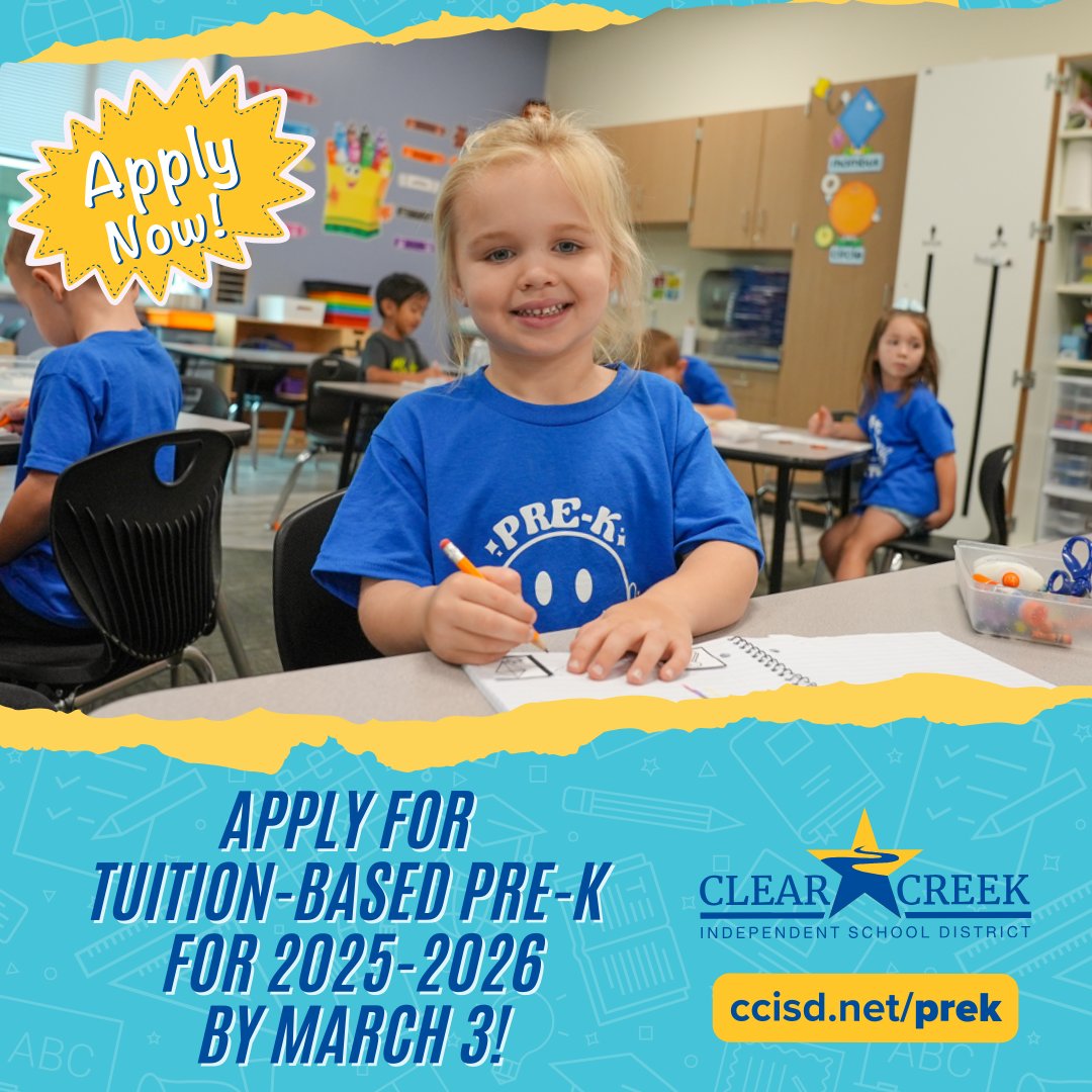 Families interested in Clear Creek ISD’s full-day, tuition-based Pre-K program still have time to apply! Submit your application by March 3 to receive an acceptance email or waitlist notification (based on location) during the week of March 10-14. Apply: ccisd.net/prek