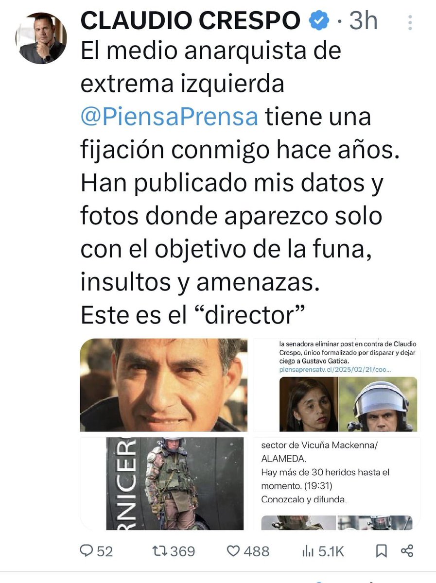 PiensaPrensa's tweet image. Claudio Crespo,  @ClaudioCrespoG,  “El Vistima” “el Carnicero” tiene su cuenta restringida para responder (le).
Se hace la víctima enviando a sus amigos a agredir el hogar de nuestro director, quienes acosan y amenazan telefónicamente a su familia. Difunde la imagen y ensalza a…