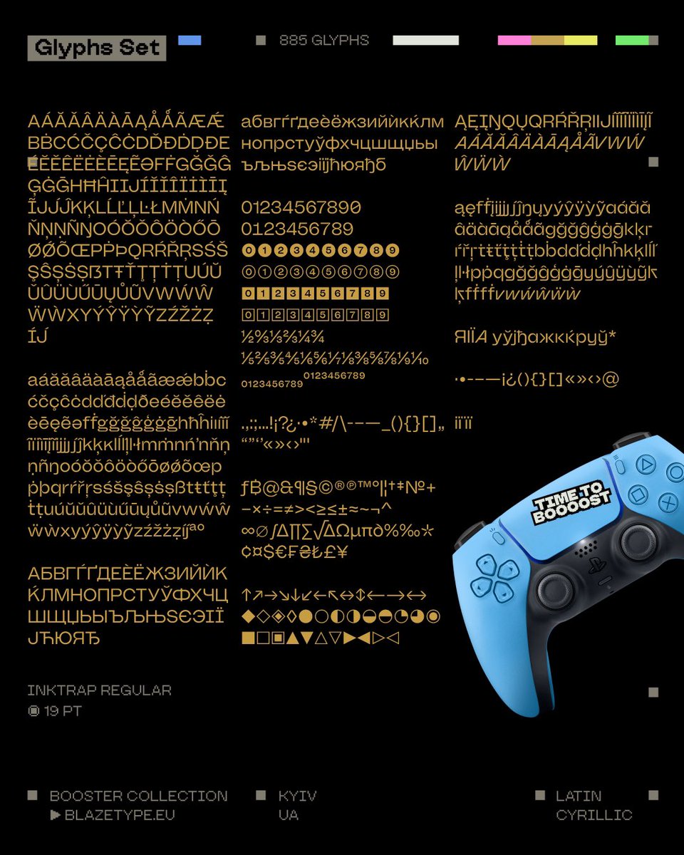Booster Collection складається з 6 версій: базового Sans, дружнього Rounded, ретро Pixel, геометричного Polygonal, технічного Stencil та акцентного InkTrap.

Підтримує розширену латиницю та кирилицю, а також має дійсно широкий набір альтернативних символів. 👾

Посилання в біо