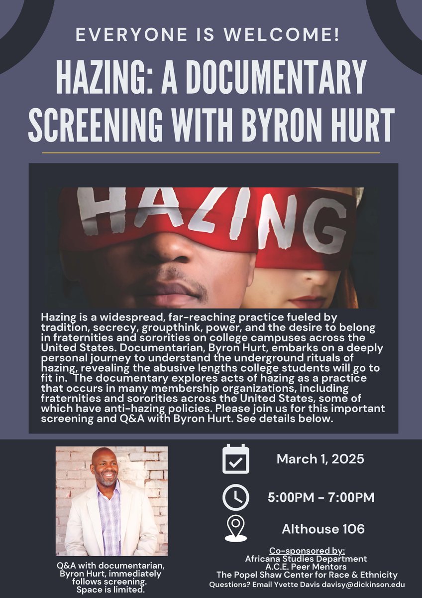 Please join us on March 1st at 5:00 PM in Althouse 106 for a look at an issue that is extremely important on college campuses. Hazing: A Documentary Screening With Byron Hurt is sponsored by Africana Studies, Popel Shaw Center for Race and Ethnicity, and A.C.E. Peer Mentors.