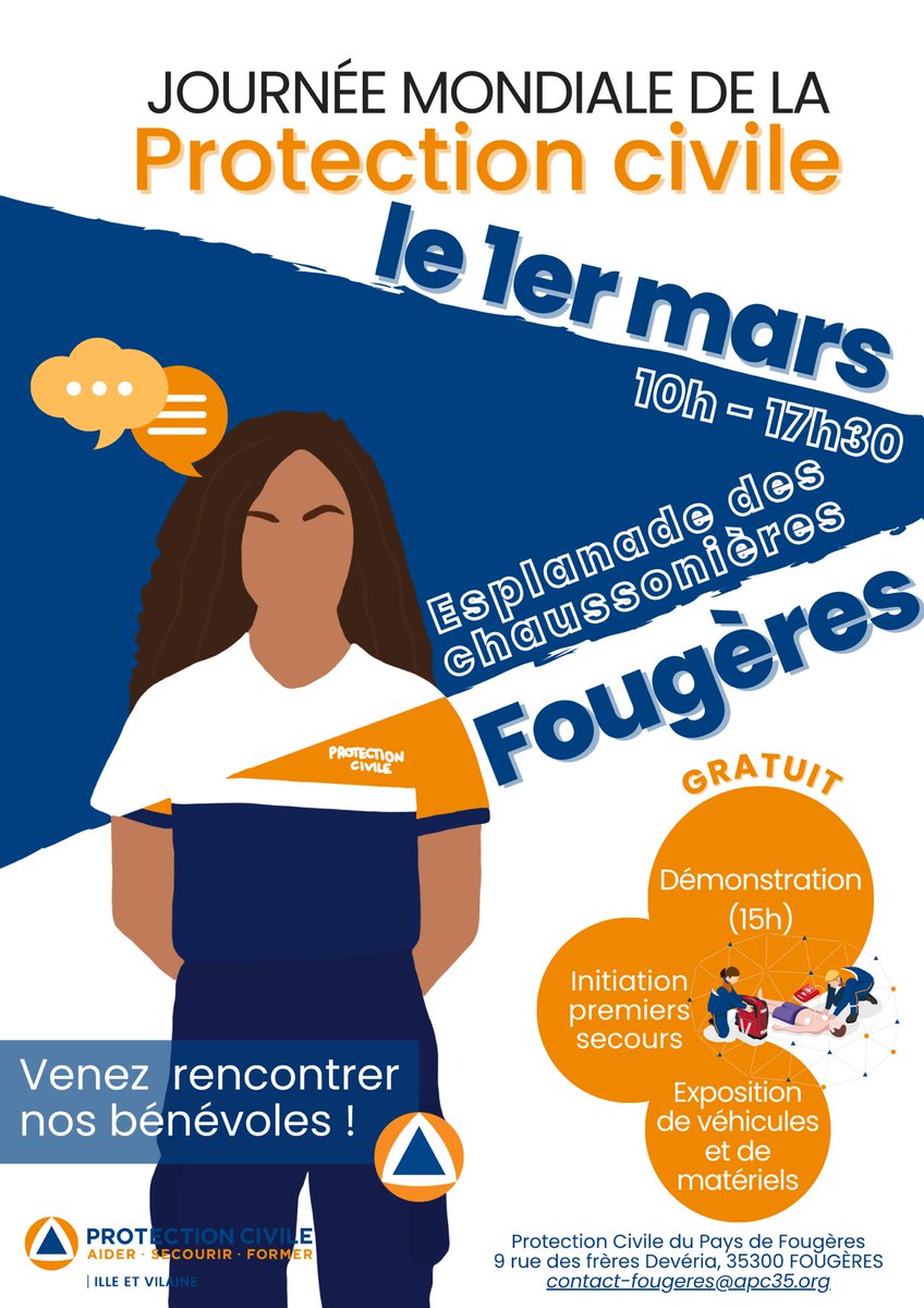 🗓️| #Evenement 
A l’occasion de la journée mondiale de la Protection Civile, ce samedi 1er mars, nous organisons une journée de présentation de l'engagement bénévole de 300 brétiliens membres de la Protection Civile Ille-et-Vilaine.

Cette année, le rendez-vous est à #Fougères