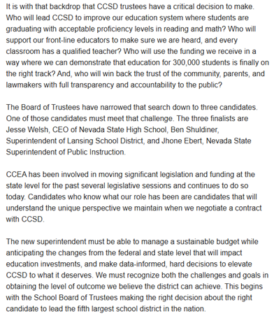 cceanv's tweet photo. CCEA has been involved in moving significant legislation and funding at the state level. CCSD Superintendent Candidates who know what our role has been are candidates that will understand the unique perspective we maintain when we negotiate a contract with CCSD. #CCSDSuperintendentSearch