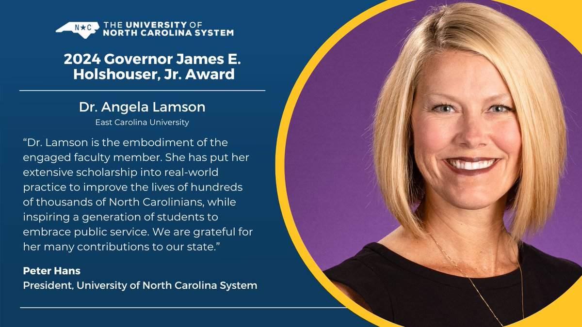 Dr. Angela Lamson of <a href="/EastCarolina/">ECU</a> received the 2024 Governor James E. Holshouser, Jr. Award for Excellence in Public Service from the UNC Board of Governors for her outstanding commitment to education and public health across NC. #NCHigherEd Learn More ➡️ ow.ly/rBPV50V7GqS