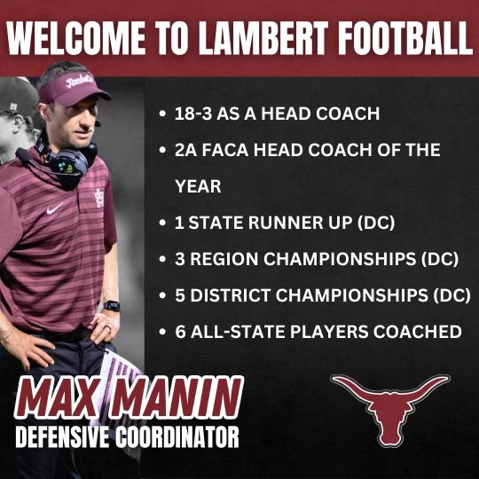 Lambert Football (@lambertftball) on Twitter photo New Longhorn alert! Welcome Coach Manin and his family! We are excited to have coach taking over as the new DEFENSIVE COORDINATOR! <a href="/MaxManin/">Max Manin</a> <a href="/RecruitLambert/">Lambert Prospects</a> New Longhorn alert! Welcome Coach Manin and his family! We are excited to have coach taking over as the new DEFENSIVE COORDINATOR! <a href="/MaxManin/">Max Manin</a> <a href="/RecruitLambert/">Lambert Prospects</a>
