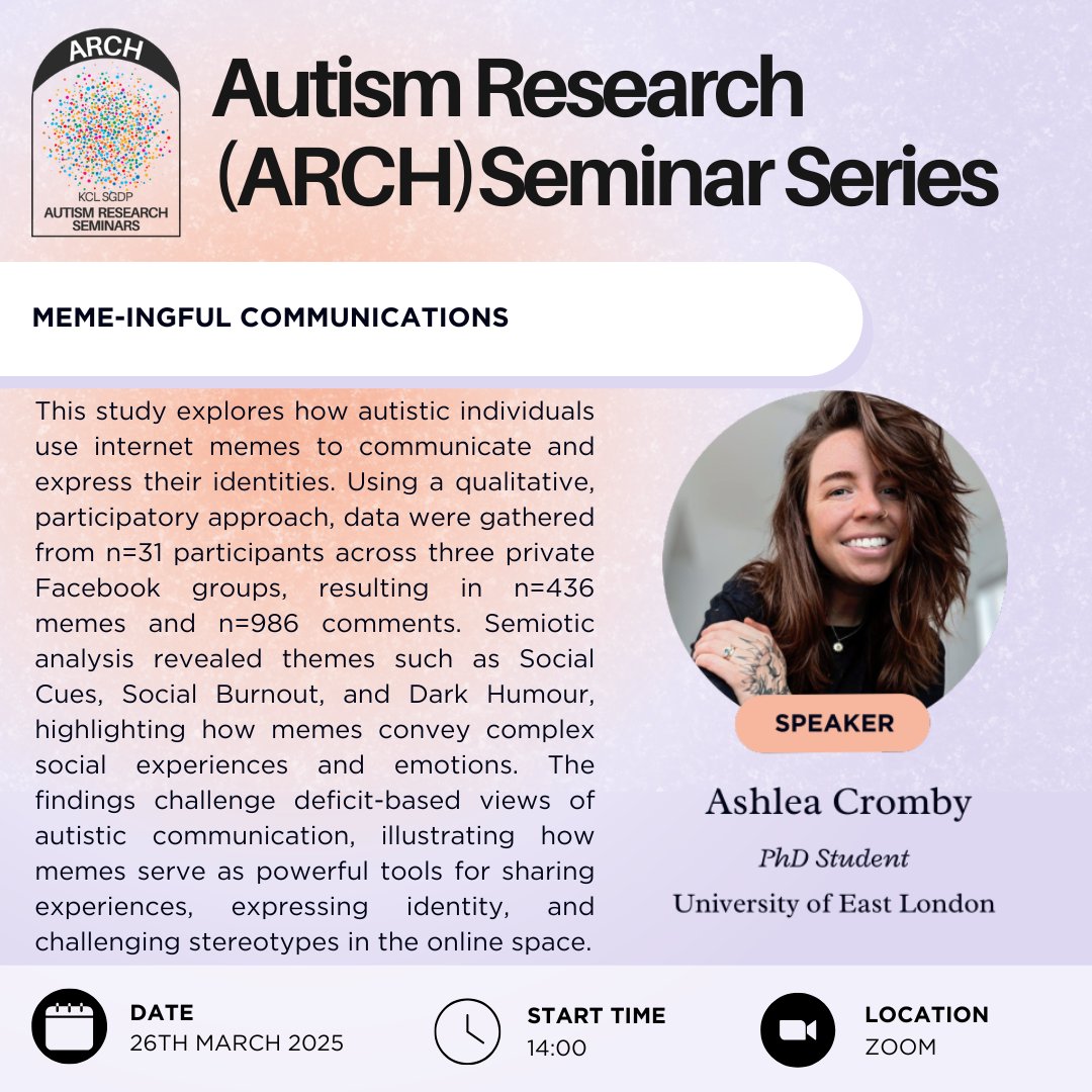 Re:Spect Lab (@respectlabkcl) on Twitter photo 📣New talk announcement 📣
The next ARCH talk will be held at 2pm, March 26th, with Ashlea Cromby talking about her work on autistic communication via memes!
Tickets can be found @ eventbrite.co.uk/e/arch-seminar… 📣New talk announcement 📣
The next ARCH talk will be held at 2pm, March 26th, with Ashlea Cromby talking about her work on autistic communication via memes!
Tickets can be found @ eventbrite.co.uk/e/arch-seminar…