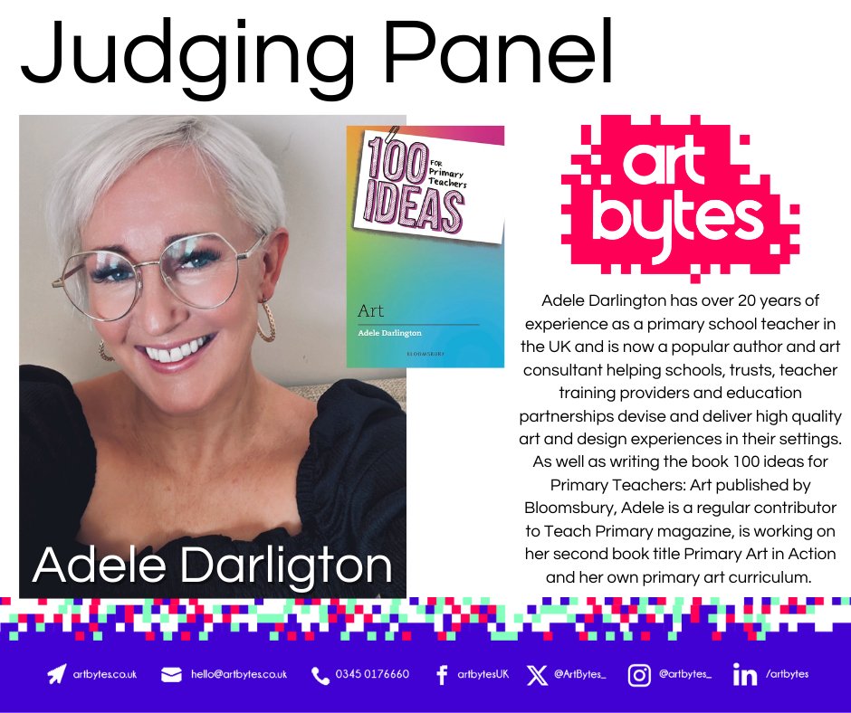 🎨 Meet the Judges – Adele Darlington 🎨

We’re delighted to welcome Adele Darlington to the Art Bytes 2025 judging panel! 👏 With over 20 years of experience as a #primaryschoolteacher, Adele is now a renowned #artconsultant, #author, and #speaker. 
#ukteacher #arteducation