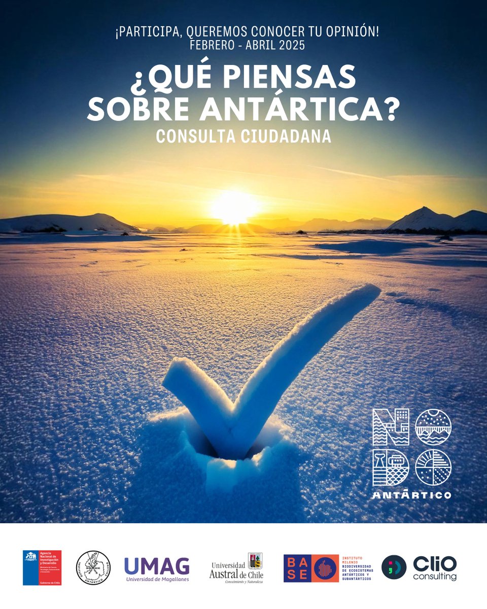 ¿Qué piensas sobre la Antártica?🤔🇦🇶 Entre marzo y abril de 2025, desde el proyecto Nodo Antártico, se llevarán a cabo encuestas para conocer la percepción de la ciudadanía y la comunidad científica de #PuntaArenas y #PuertoWilliams 

📲Más detalles en institutobase.cl/encuesta-medir…