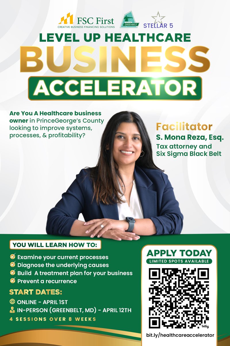 Hey Greenbelt Healthcare Businesses and Prince George's County At Large!

Have you heard about the Health Care Business Accelerator? The program is cohort based and is a great opportunity!

Here's the link to the application:

docs.google.com/forms/d/e/1FAI…

Expansion Starts Here!