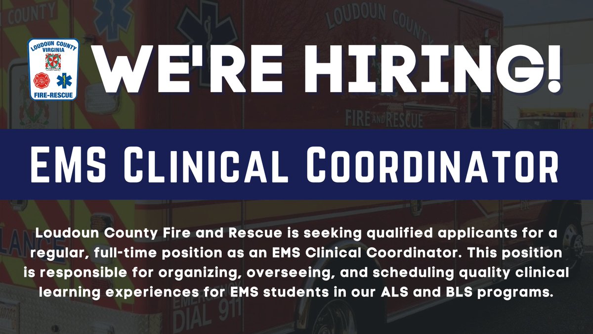 π³πππ
πππ ππππ πΉπππππ (@loudounfire) on Twitter photo #LCFR is hiring an EMS Clinical Coordinator! π This position is responsible for organizing, overseeing, & scheduling quality clinical learning experiences for EMS students in our ALS/BLS programs. LEARN MORE & APPLYβ‘οΈ bit.ly/4h6kstA <a href="/Chief600KJ/">Keith Johnson</a> <a href="/LCFR_DC690/">LCFR-DC690</a> #LCFR is hiring an EMS Clinical Coordinator! π This position is responsible for organizing, overseeing, & scheduling quality clinical learning experiences for EMS students in our ALS/BLS programs. LEARN MORE & APPLYβ‘οΈ bit.ly/4h6kstA <a href="/Chief600KJ/">Keith Johnson</a> <a href="/LCFR_DC690/">LCFR-DC690</a>