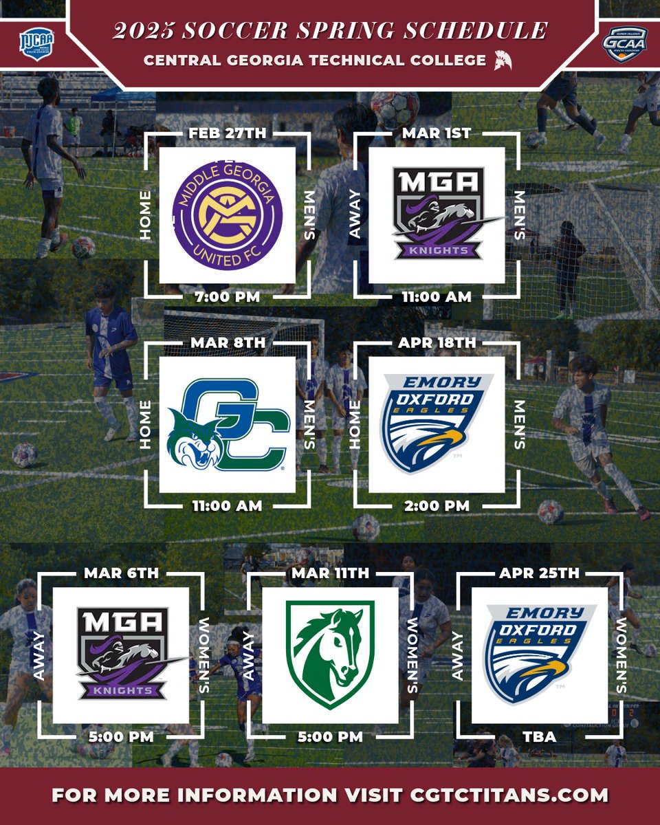 🗓️ MARK THOSE CALENDARS
Our spring soccer schedule is here!⚽️
#LeadTheCharge #cgtctitans
Complementary entry at home games!