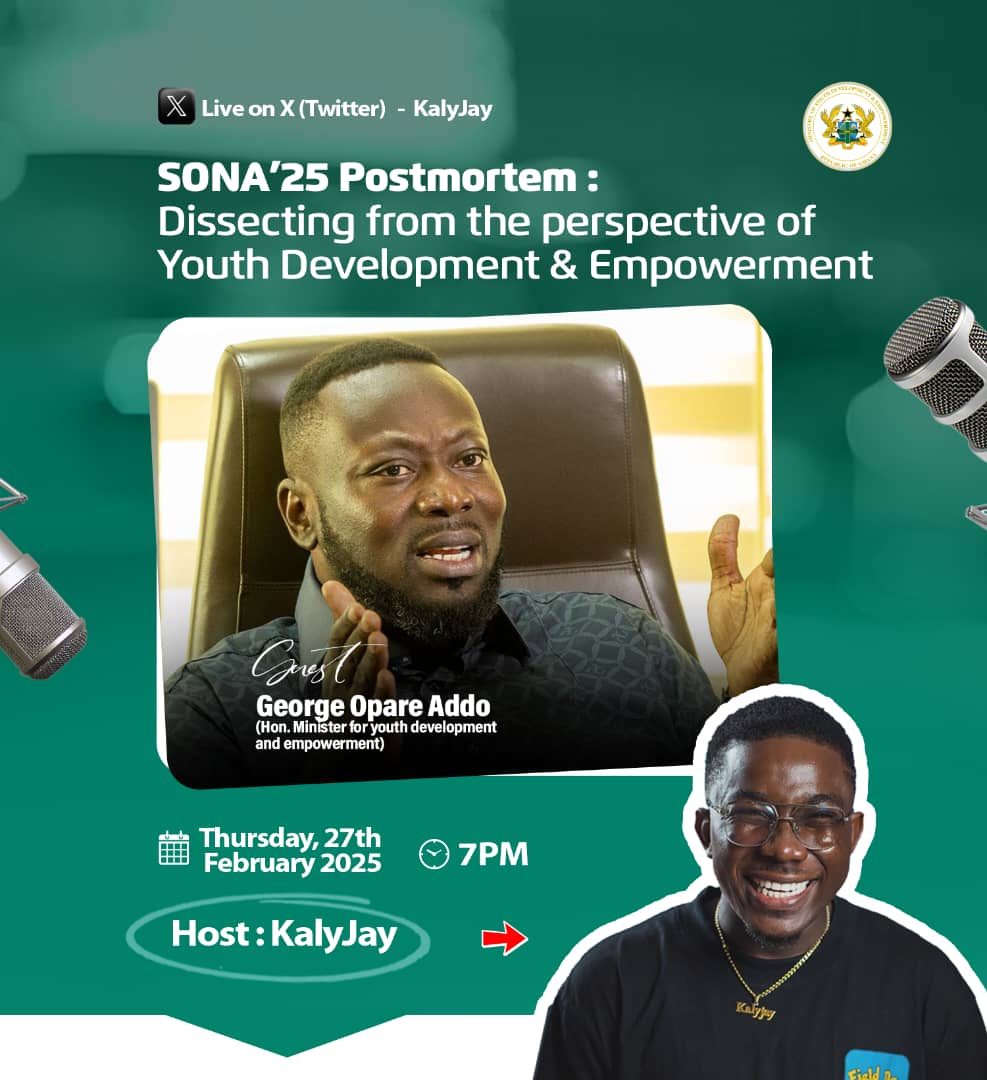 Join me tonight on X Spaces with <a href="/gyaigyimii/">KALYJAY</a> as we discuss youth-related issues from the SONA read earlier today by His Excellency John Dramani Mahama. Please make time to join us! #YouthPower