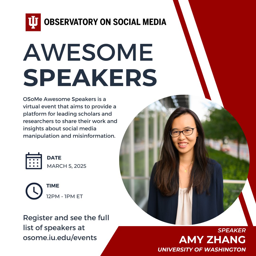 🚨 Can crowdsourced moderation improve online discourse? 🚨

Join us March 5 at 12PM ET for a virtual talk with Dr. Amy Zhang on how platform design can empower users to moderate content &amp; improve information quality at scale.

🔗 Register now: iu.zoom.us/meeting/regist…