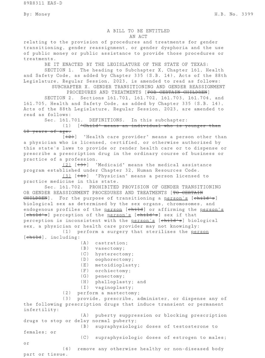 TX Rep. Brent Money has introduced HB 3399, which will ban HRT and gender affirming surgery access for trans Texans of all ages. This is trans genocide.