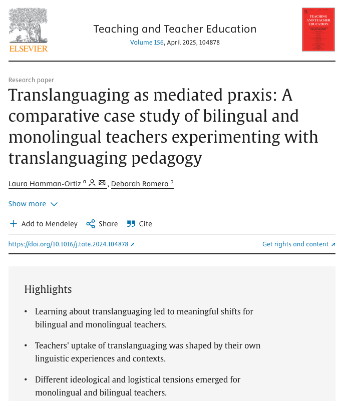 Dr.  Hamman-Ortiz &amp; Dr. Romero discuss their study of teachers in translanguaging professional development and propose a translanguaging pedagogy as "mediated praxis". Their article is now available! sciencedirect.com/science/articl… <a href="/ACEatND/">ACE at ND</a> <a href="/ieiatnd/">IEIatND</a> <a href="/hammanortiz/">Dr. Laura Hamman-Ortiz</a>