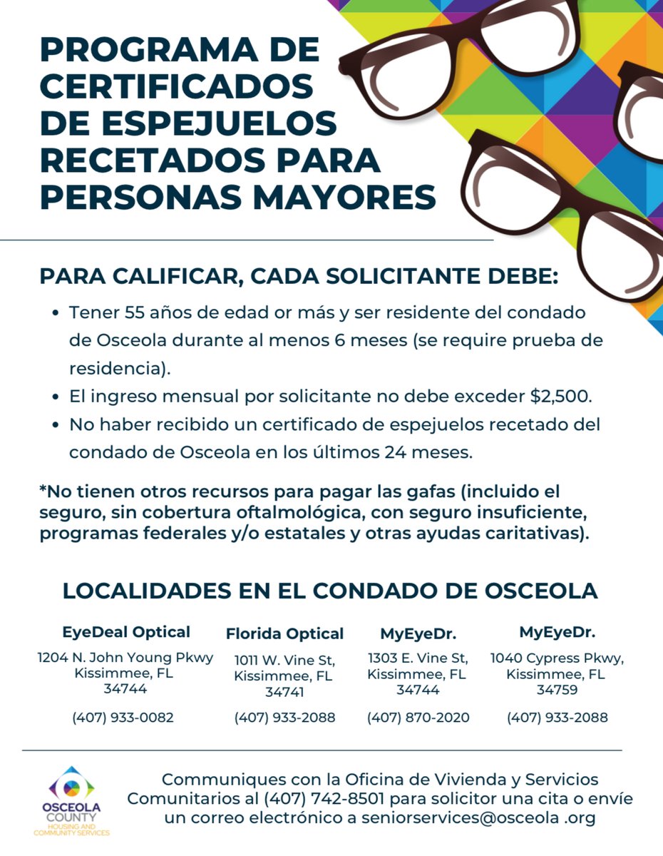 Clear vision means a better quality of life! Seniors 55+ in Osceola can get help with prescription glasses through the Healthy Seniors Prescription Eyeglasses program.

📍 Find optical locations &amp; see if you qualify!

📞 Info: (407) 742-8501 | seniorservices@osceola.org