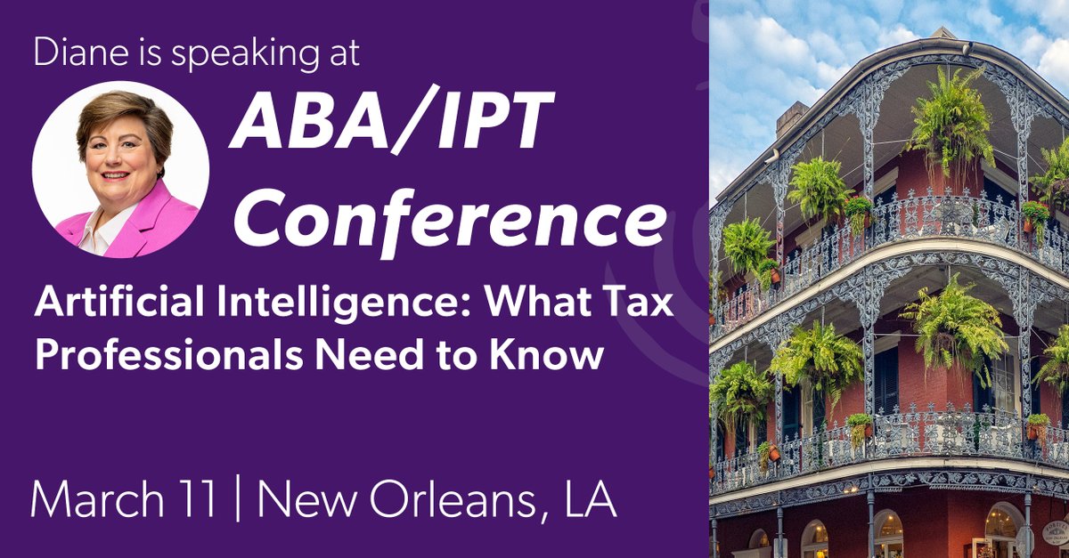 Diane Yetter will be speaking at the <a href="/ABAesq/">American Bar Association</a> and <a href="/IPTATL/">IPT</a>  Advanced Tax Seminar in New Orleans! 

She'll be discussing practical and useful applications for AI: events.americanbar.org/event/b08afd86… #AI #NewOrleans #TaxTwitter