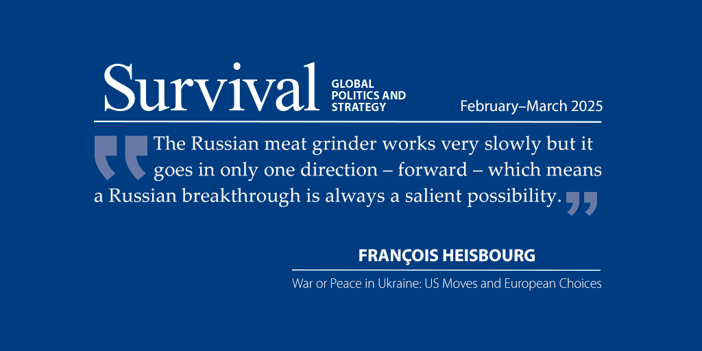 Survival: Global Politics and Strategy (@survivaleditors) on Twitter photo Coming on top of Trump’s animosity towards NATO, the West’s inability to secure a satisfactory outcome in Ukraine could change Russia’s assessment of what Article 5 means.
Analysis by <a href="/FHeisbourg/">François Heisbourg</a>. go.iiss.org/4i1jU9S Coming on top of Trump’s animosity towards NATO, the West’s inability to secure a satisfactory outcome in Ukraine could change Russia’s assessment of what Article 5 means.
Analysis by <a href="/FHeisbourg/">François Heisbourg</a>. go.iiss.org/4i1jU9S