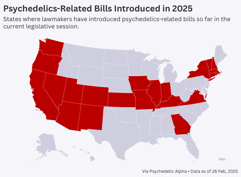 Psychedelic policy reform efforts now stretch coast-to-coast in the 2025 state legislative session!