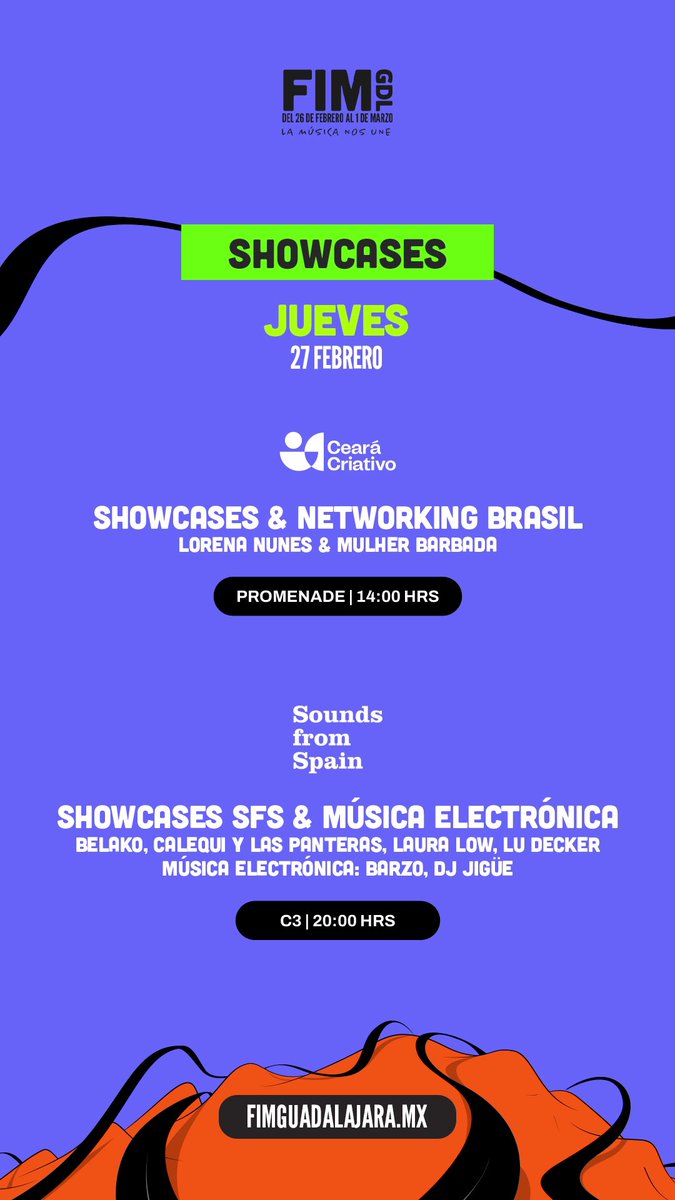 Te compartimos el programa y los showcases del segundo día de la #FIMGDL 🎶 ¡Aquí nos vemos!