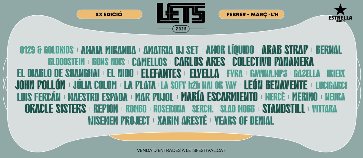 Avui comença la 20a edició del @LetsFestival, amb concerts de @LeonBenavente + <a href="/amorliquidx/">Amor Líquido</a> a @sala_salamandra y #LaPlata + #Gazella a <a href="/elpumarejo_LH/">El Pumarejo</a>. Fins el 29 de març, concerts d'<a href="/ArabStrapBand/">Arab Strap</a>, <a href="/standstill_bcn/">standstill</a>, <a href="/julia_colom_/">júliacolom</a>, <a href="/romboband/">Rombo</a>, #MarPujol...

letsfestival.cat/es/inicio.html