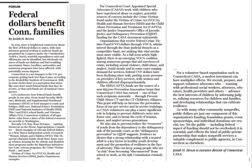 Connecticut CASA (@conncasa) on Twitter photo Thanks <a href="/hearstcmg/">Hearst CT Media Group</a> for running this re: federal dollars in #CT--including for the #CASA movement for #children #families.
Our volunteer-based work relies on public, foundation, sponsorship & individual donor funds.
To help:
connecticutcasa.org/how-you-can-he…
Article:
nhregister.com/opinion/articl… Thanks <a href="/hearstcmg/">Hearst CT Media Group</a> for running this re: federal dollars in #CT--including for the #CASA movement for #children #families.
Our volunteer-based work relies on public, foundation, sponsorship & individual donor funds.
To help:
connecticutcasa.org/how-you-can-he…
Article:
nhregister.com/opinion/articl…